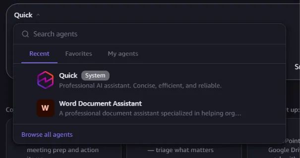 Quick Desktop เลือก agent ในช่องแชต
