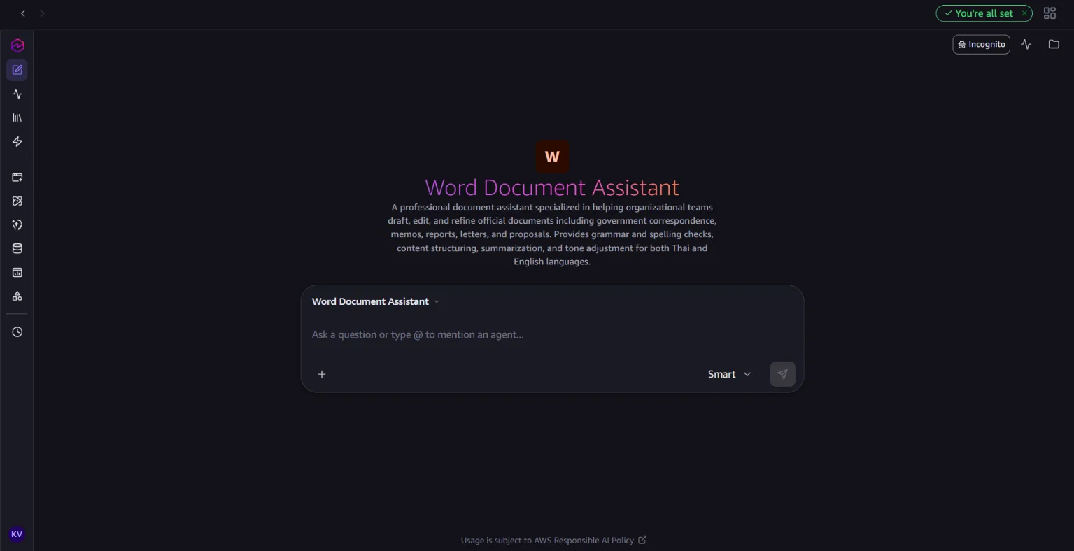 เลือก agent Word Document Assistant บน Quick Desktop